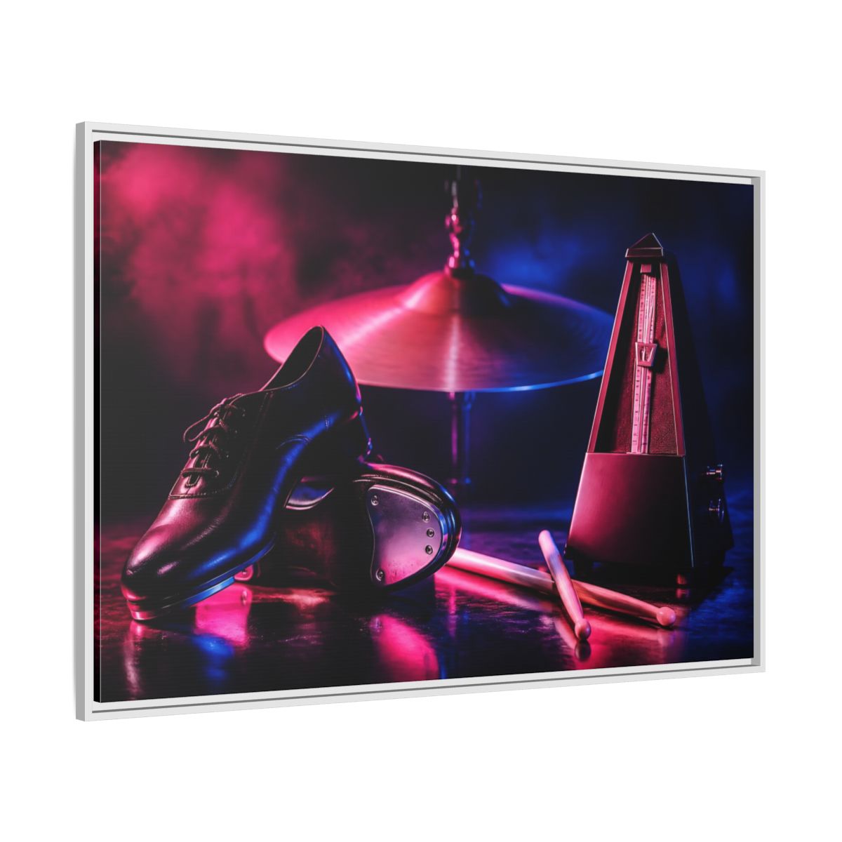 Side Mockup 7. Tap Shoes And Metronome shown as framed canvas print