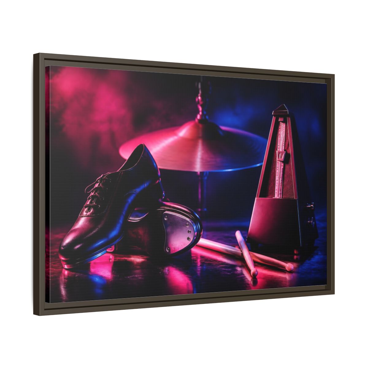 Side Mockup 11. Tap Shoes And Metronome shown as framed canvas print