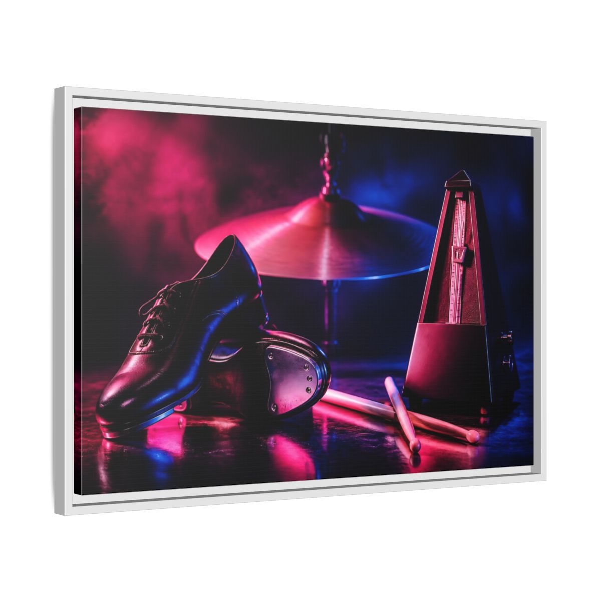 Side Mockup 10. Tap Shoes And Metronome shown as framed canvas print