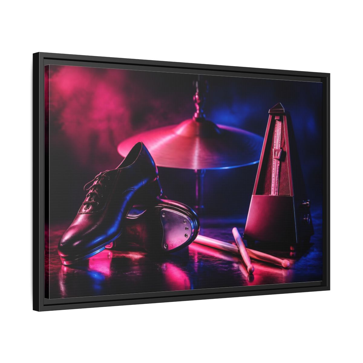 Side Mockup 14. Tap Shoes And Metronome shown as framed canvas print