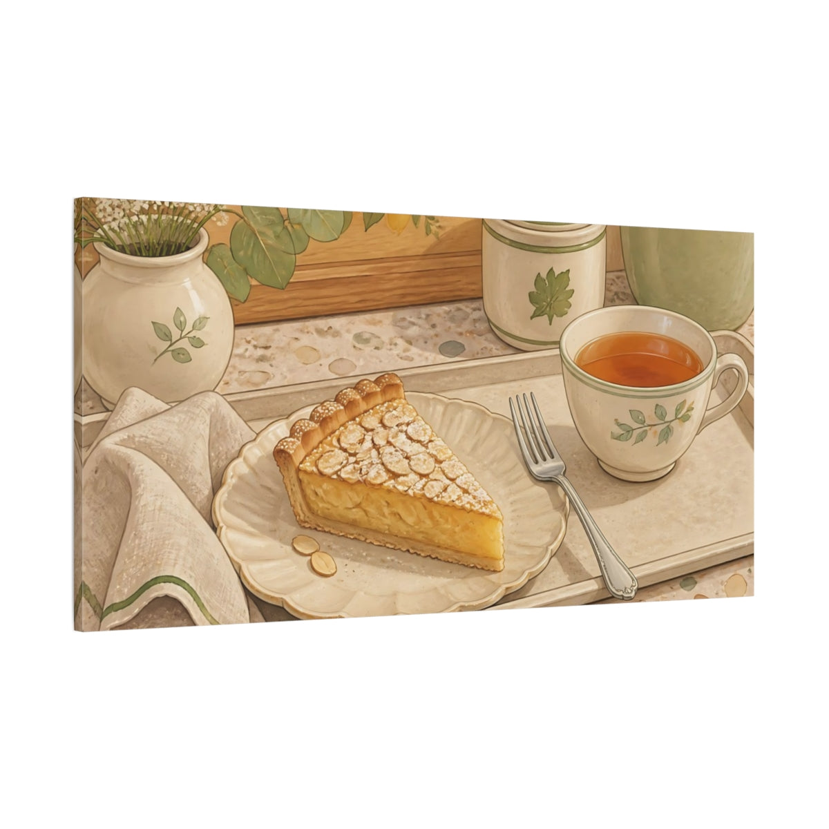 Side Mockup 2. Tea And Almond Tart shown as canvas print