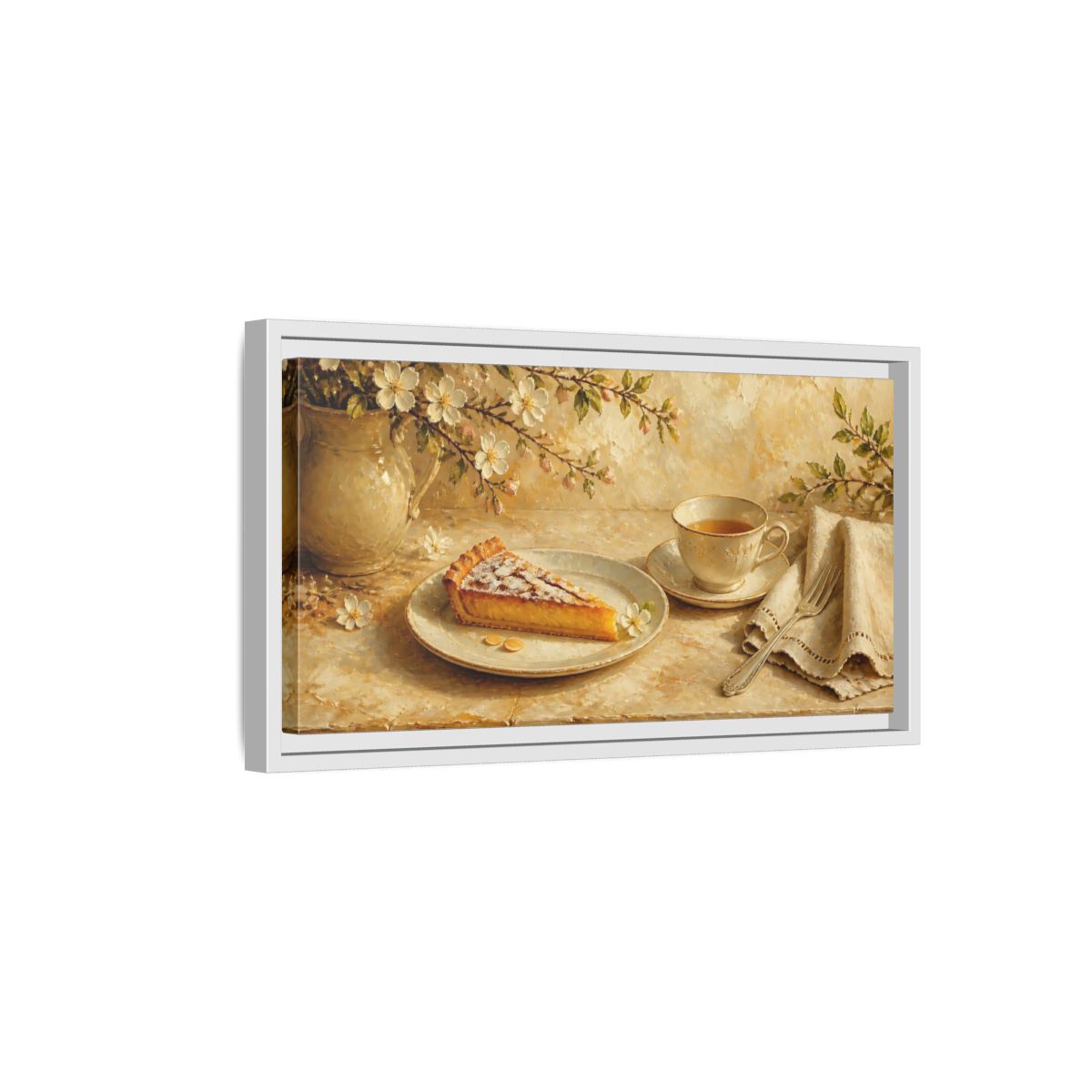 Side Mockup 6. Tea And Almond Tart shown as framed canvas print