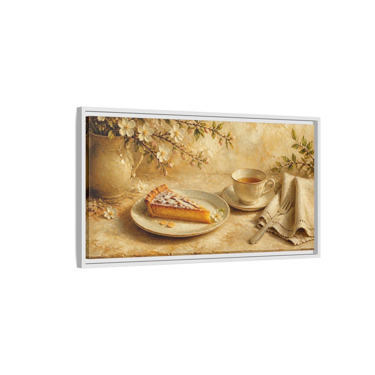 Side Mockup 1. Tea And Almond Tart shown as framed canvas print