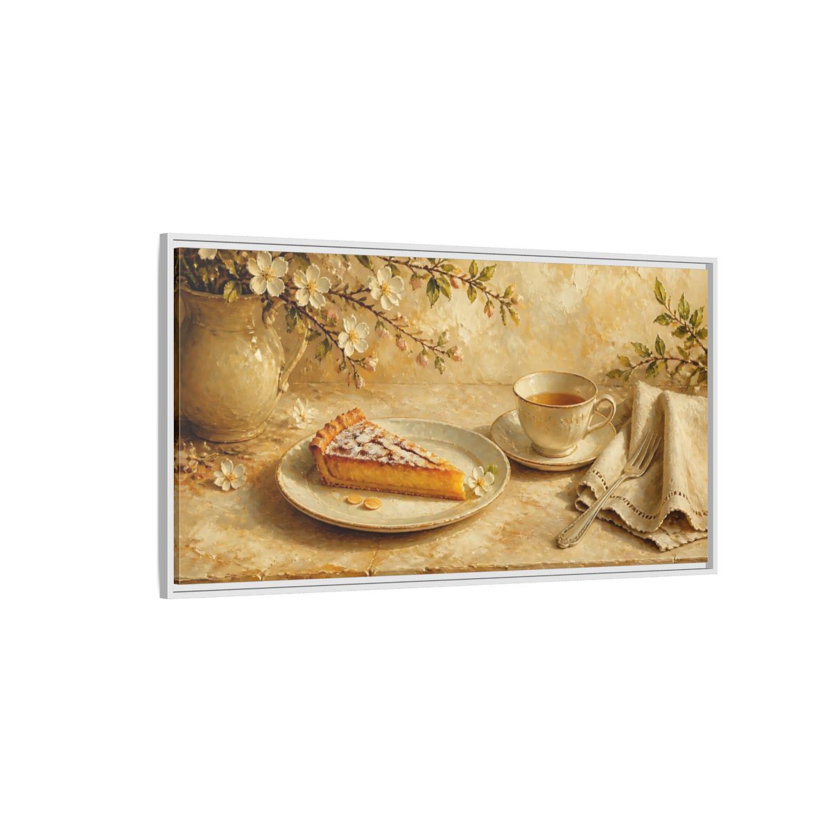 Side Mockup 3. Tea And Almond Tart shown as framed canvas print