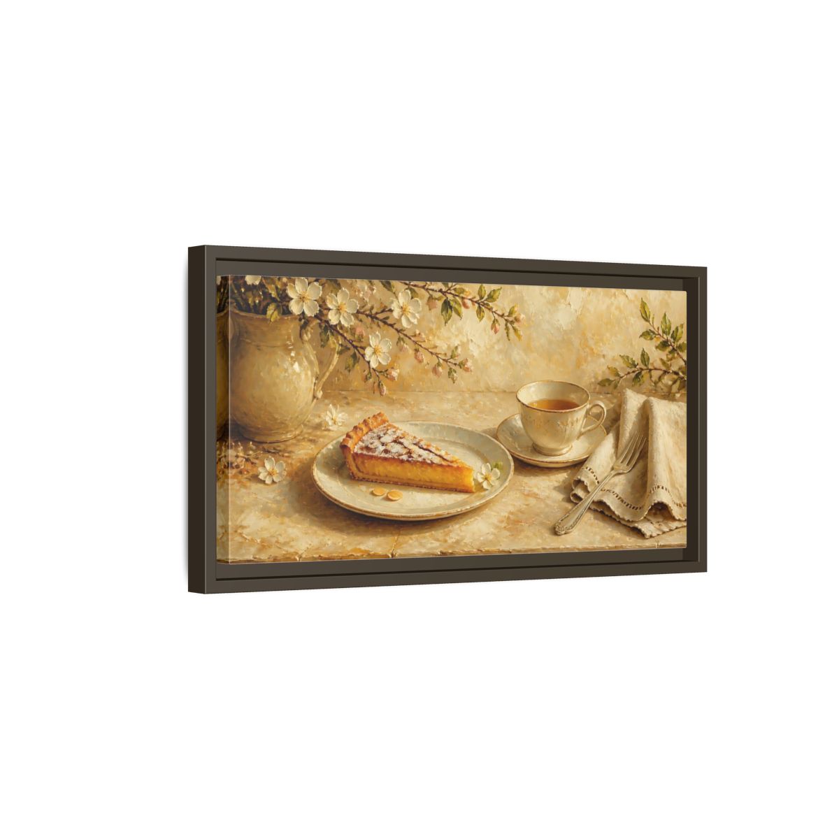 Side Mockup 7. Tea And Almond Tart shown as framed canvas print