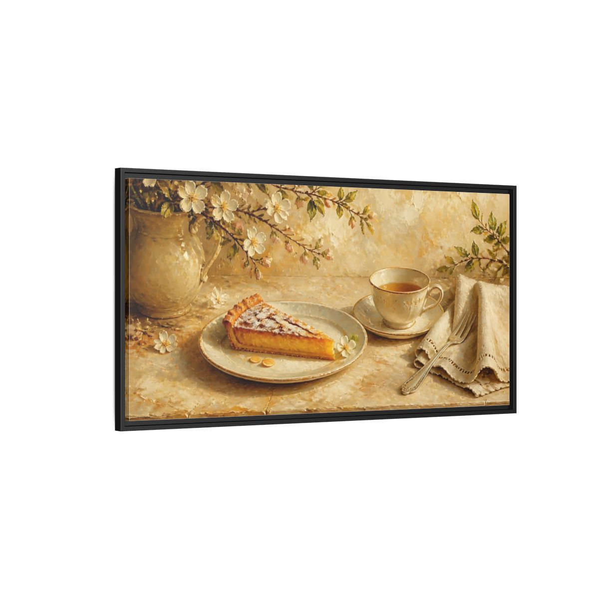 Side Mockup 5. Tea And Almond Tart shown as framed canvas print