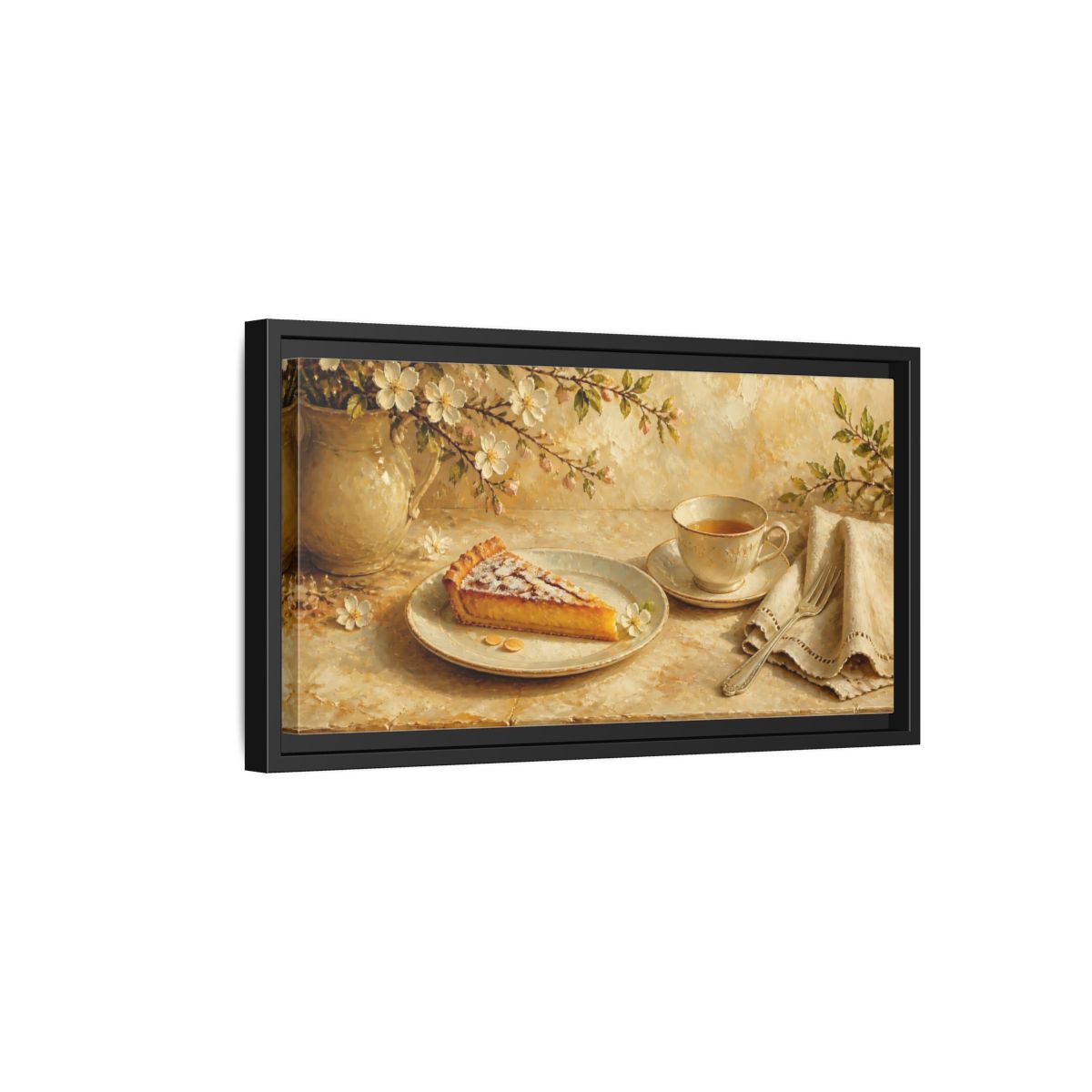 Side Mockup 8. Tea And Almond Tart shown as framed canvas print