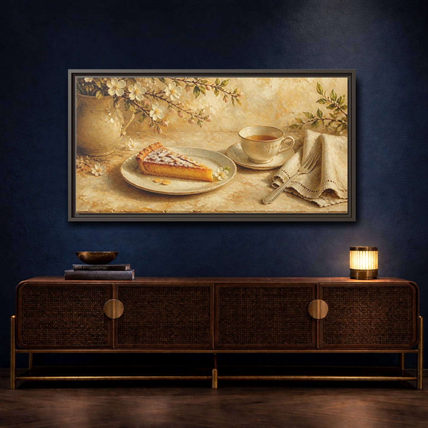 Mockup 4. Tea And Almond Tart shown as framed canvas print