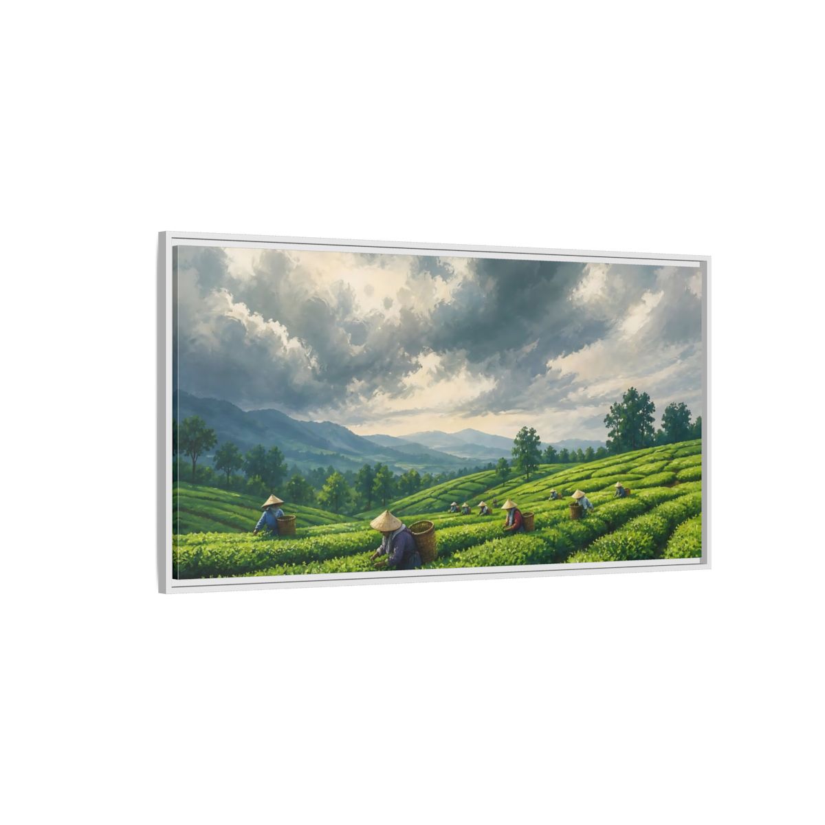 Side Mockup 3. Tea Pickers On Rolling Hills shown as framed canvas print