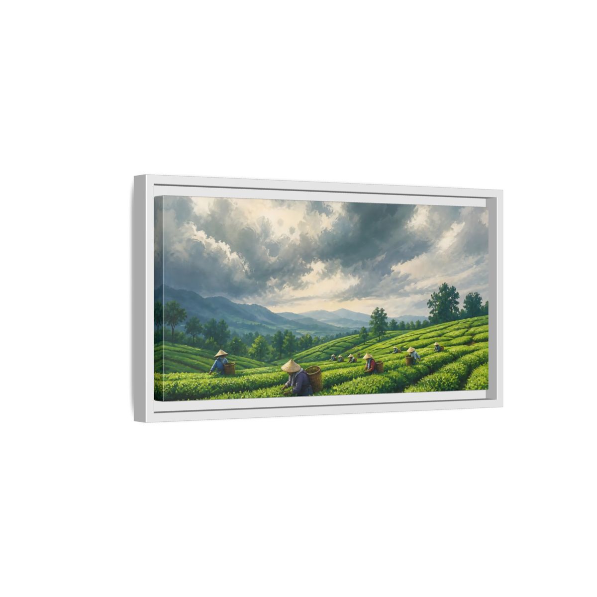 Side Mockup 6. Tea Pickers On Rolling Hills shown as framed canvas print