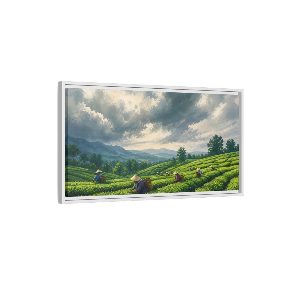 Side Mockup 1. Tea Pickers On Rolling Hills shown as framed canvas print
