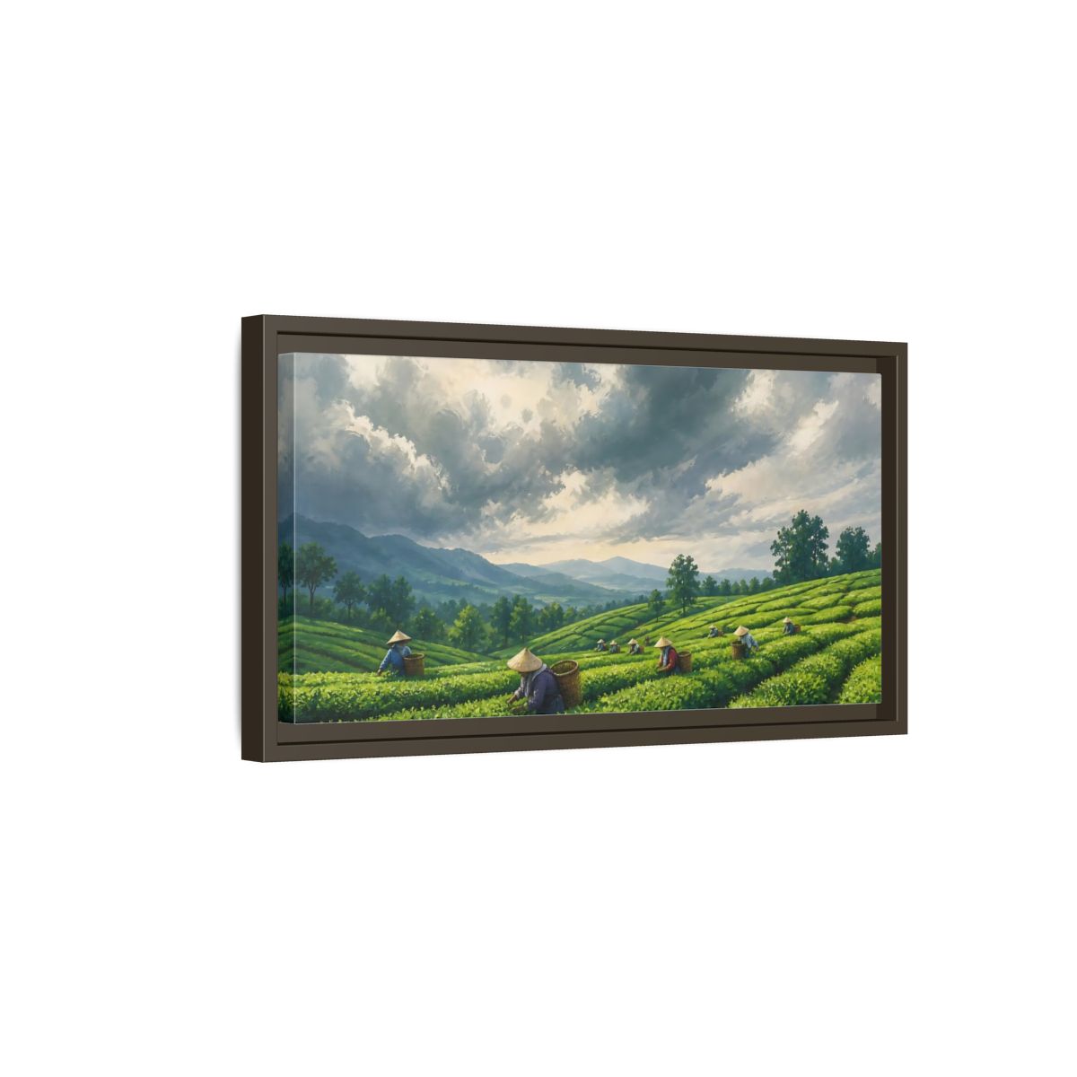 Side Mockup 7. Tea Pickers On Rolling Hills shown as framed canvas print