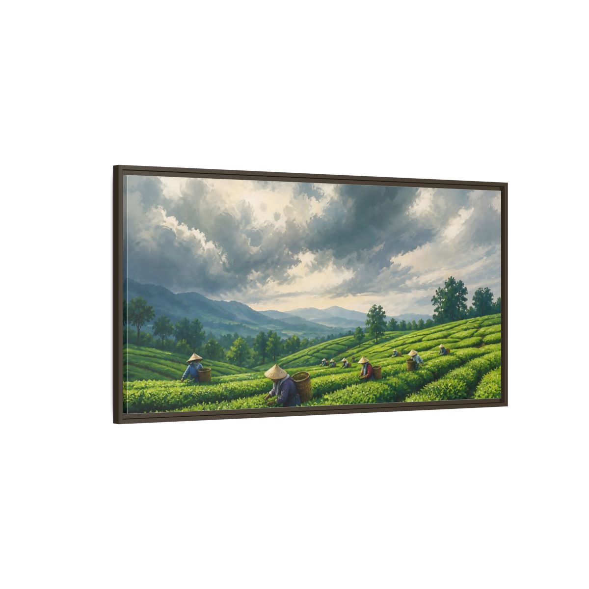 Side Mockup 4. Tea Pickers On Rolling Hills shown as framed canvas print