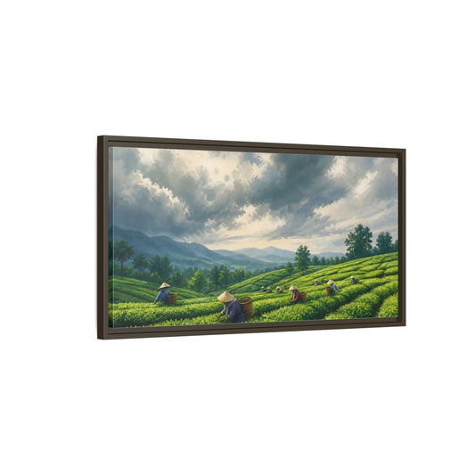 Main Mockup. Tea Pickers On Rolling Hills shown as framed canvas print