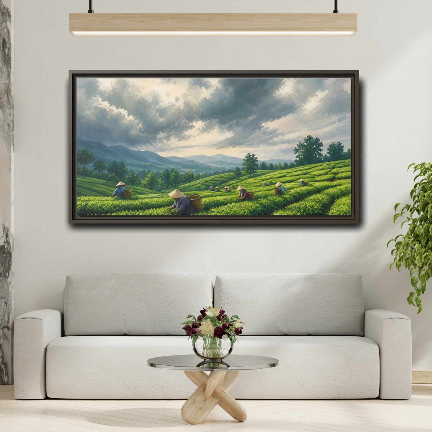 Mockup 2. Tea Pickers On Rolling Hills shown as framed canvas print