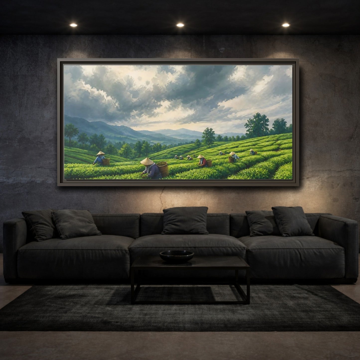 Mockup 3. Tea Pickers On Rolling Hills shown as framed canvas print