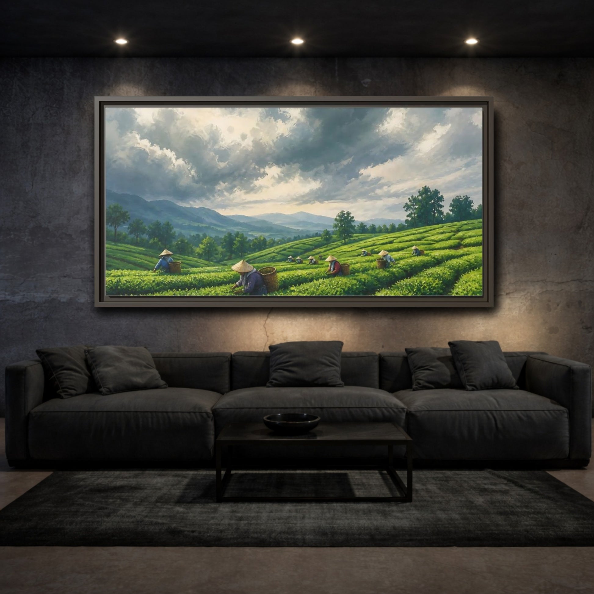 Mockup 3. Tea Pickers On Rolling Hills shown as framed canvas print