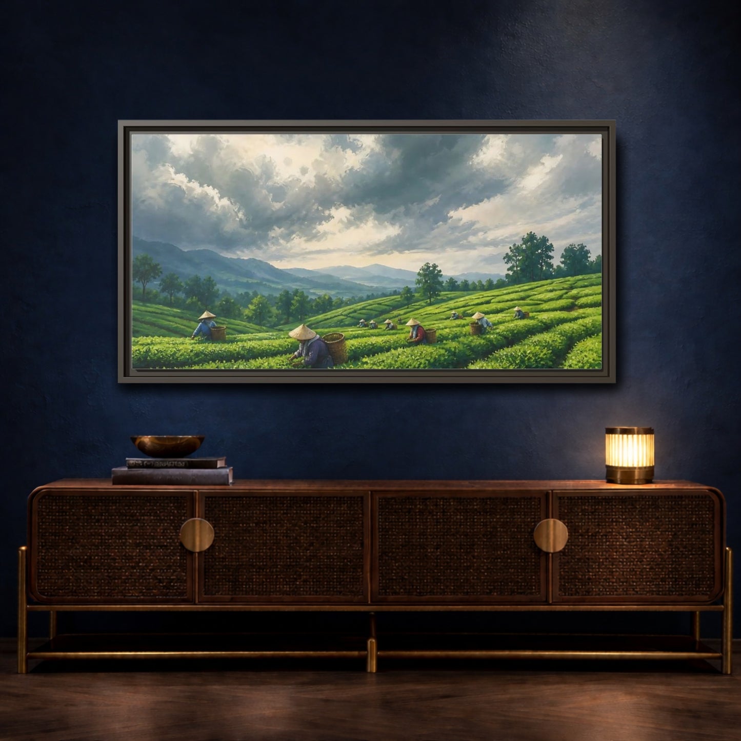 Mockup 4. Tea Pickers On Rolling Hills shown as framed canvas print