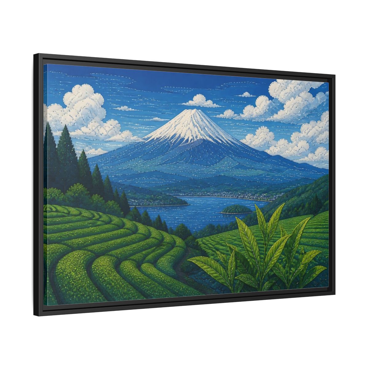 Side Mockup 13. Tea Terraces Beneath Mount Fuji shown as framed canvas print