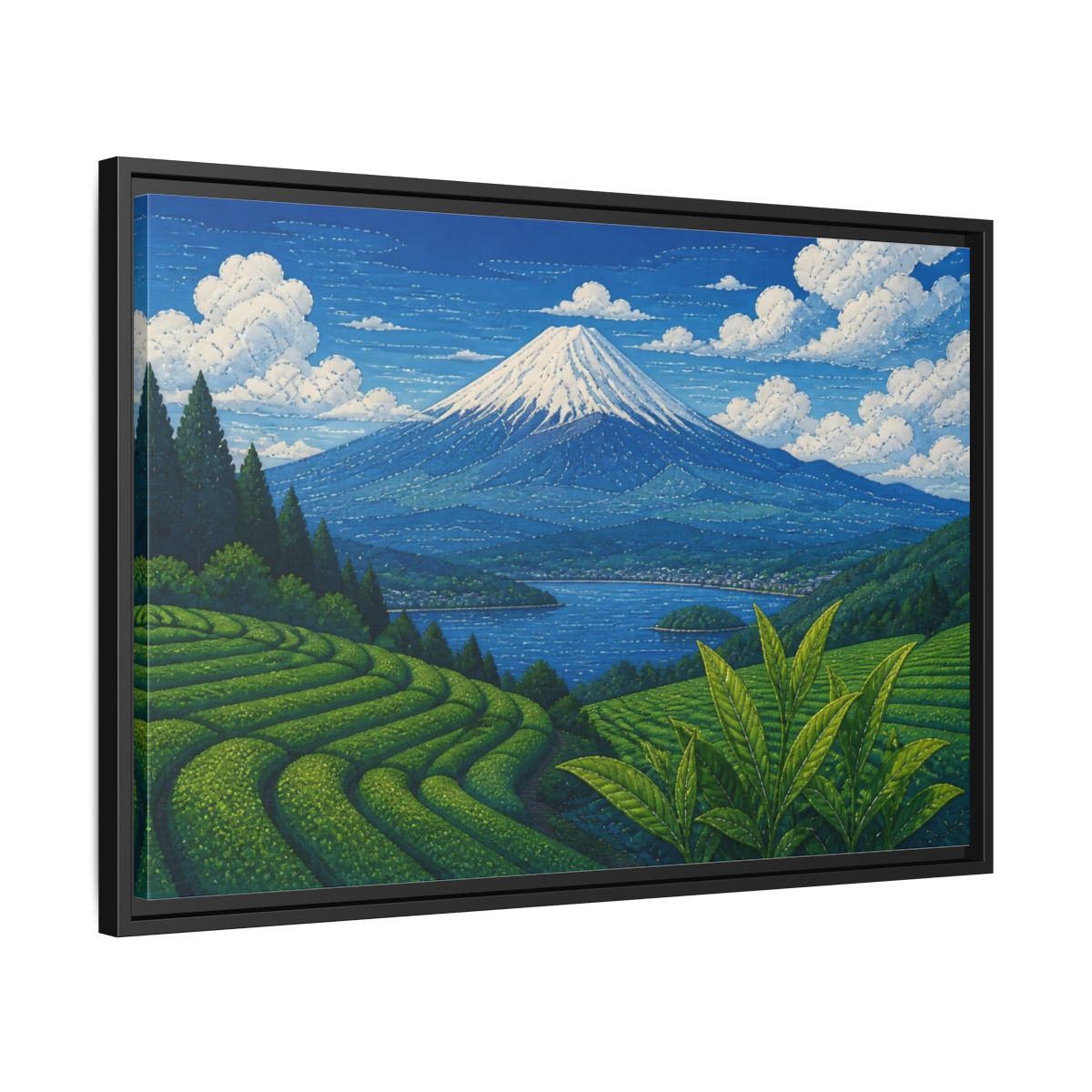 Side Mockup 14. Tea Terraces Beneath Mount Fuji shown as framed canvas print