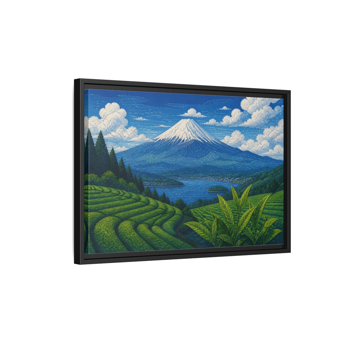 Side Mockup 3. Tea Terraces Beneath Mount Fuji shown as framed canvas print