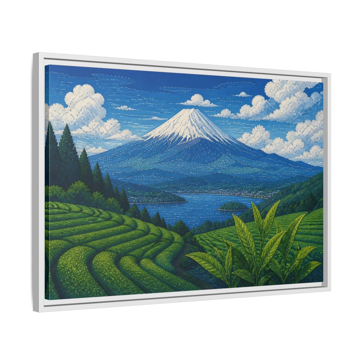 Side Mockup 10. Tea Terraces Beneath Mount Fuji shown as framed canvas print