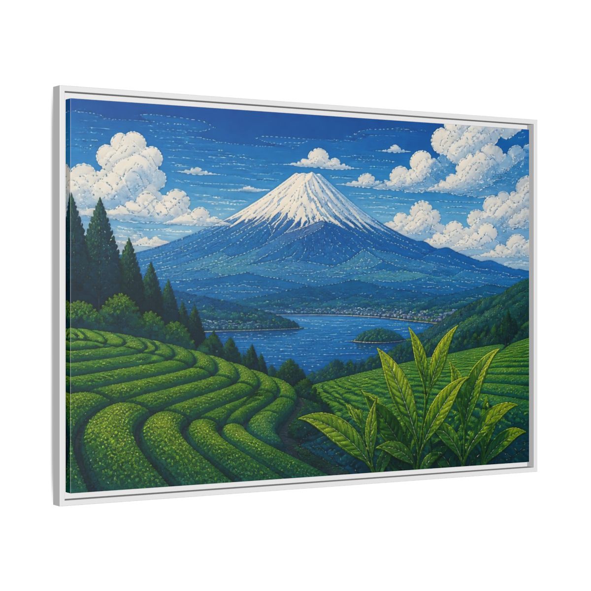 Side Mockup 7. Tea Terraces Beneath Mount Fuji shown as framed canvas print