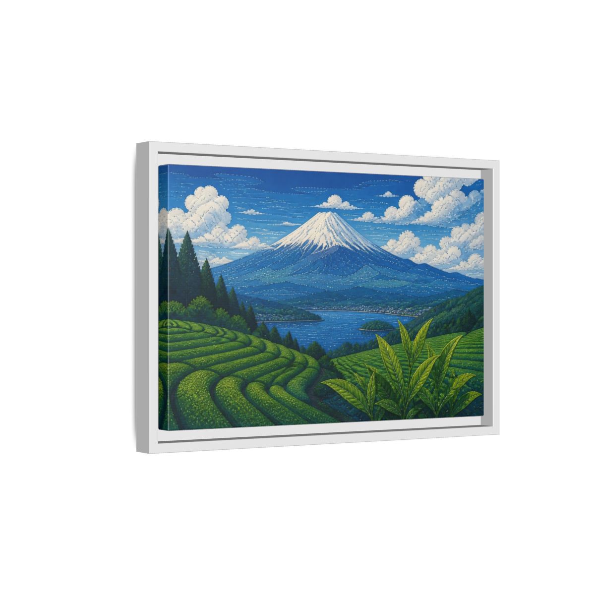 Side Mockup 4. Tea Terraces Beneath Mount Fuji shown as framed canvas print