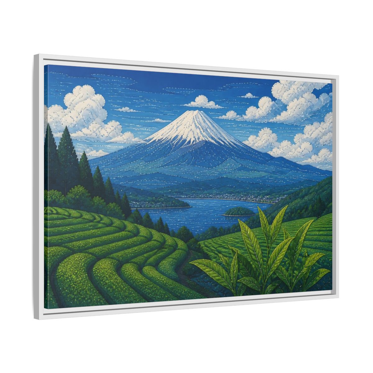Side Mockup 9. Tea Terraces Beneath Mount Fuji shown as framed canvas print