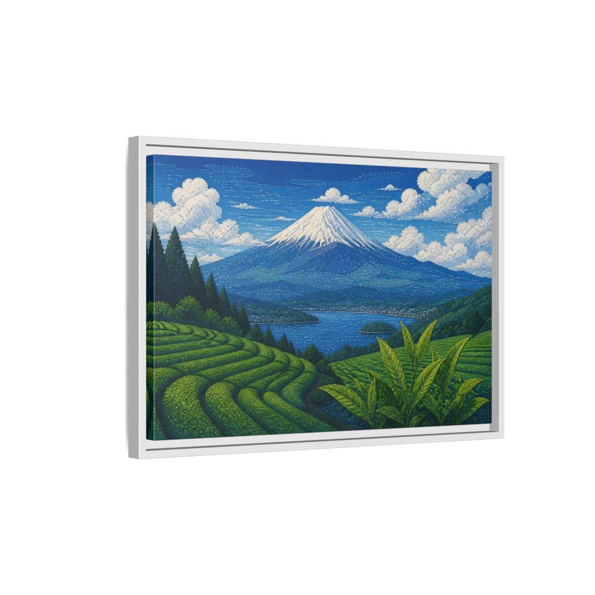 Side Mockup 1. Tea Terraces Beneath Mount Fuji shown as framed canvas print