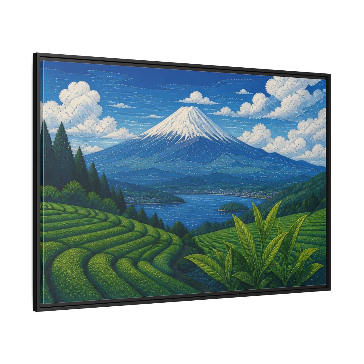 Side Mockup 12. Tea Terraces Beneath Mount Fuji shown as framed canvas print