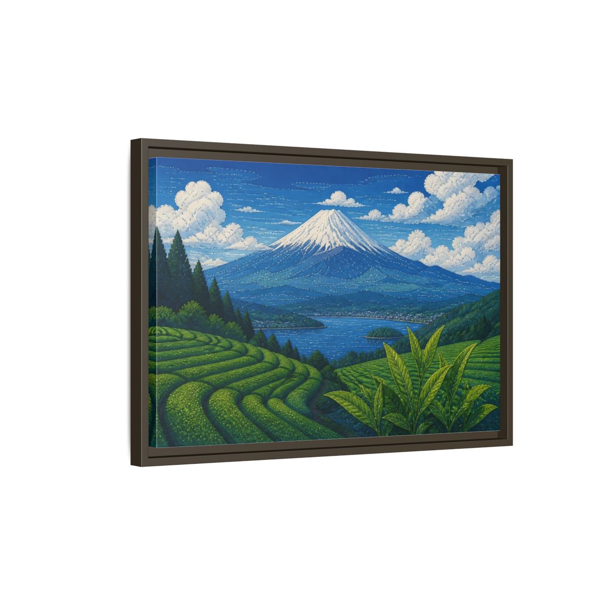 Side Mockup 2. Tea Terraces Beneath Mount Fuji shown as framed canvas print