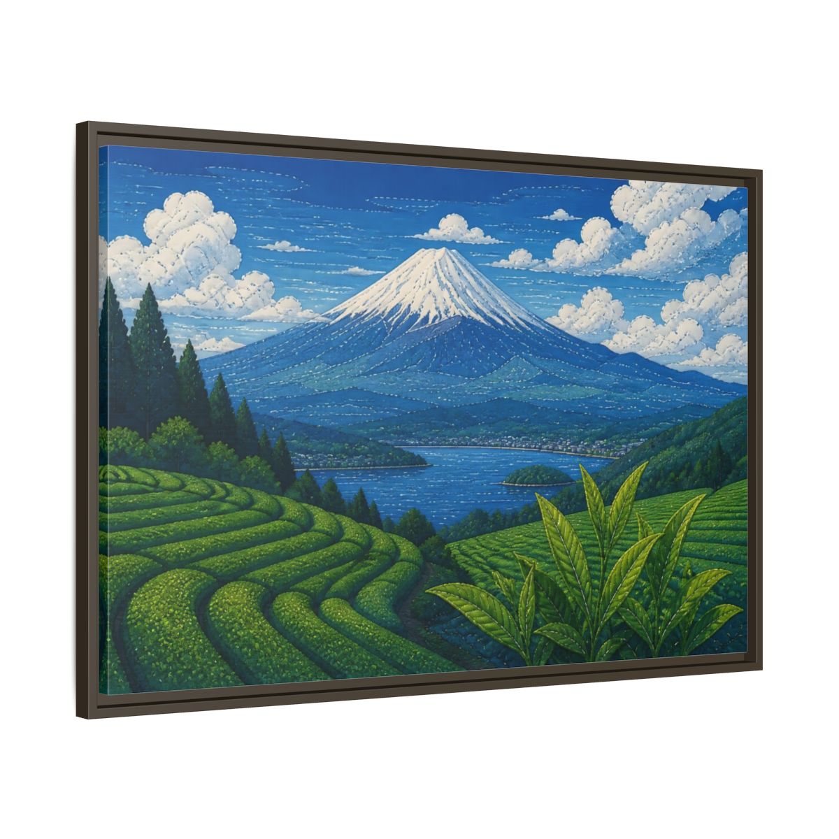 Main Mockup. Tea Terraces Beneath Mount Fuji shown as framed canvas print