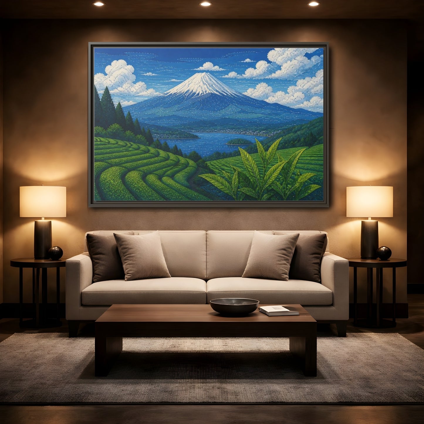 Mockup 2. Tea Terraces Beneath Mount Fuji shown as framed canvas print
