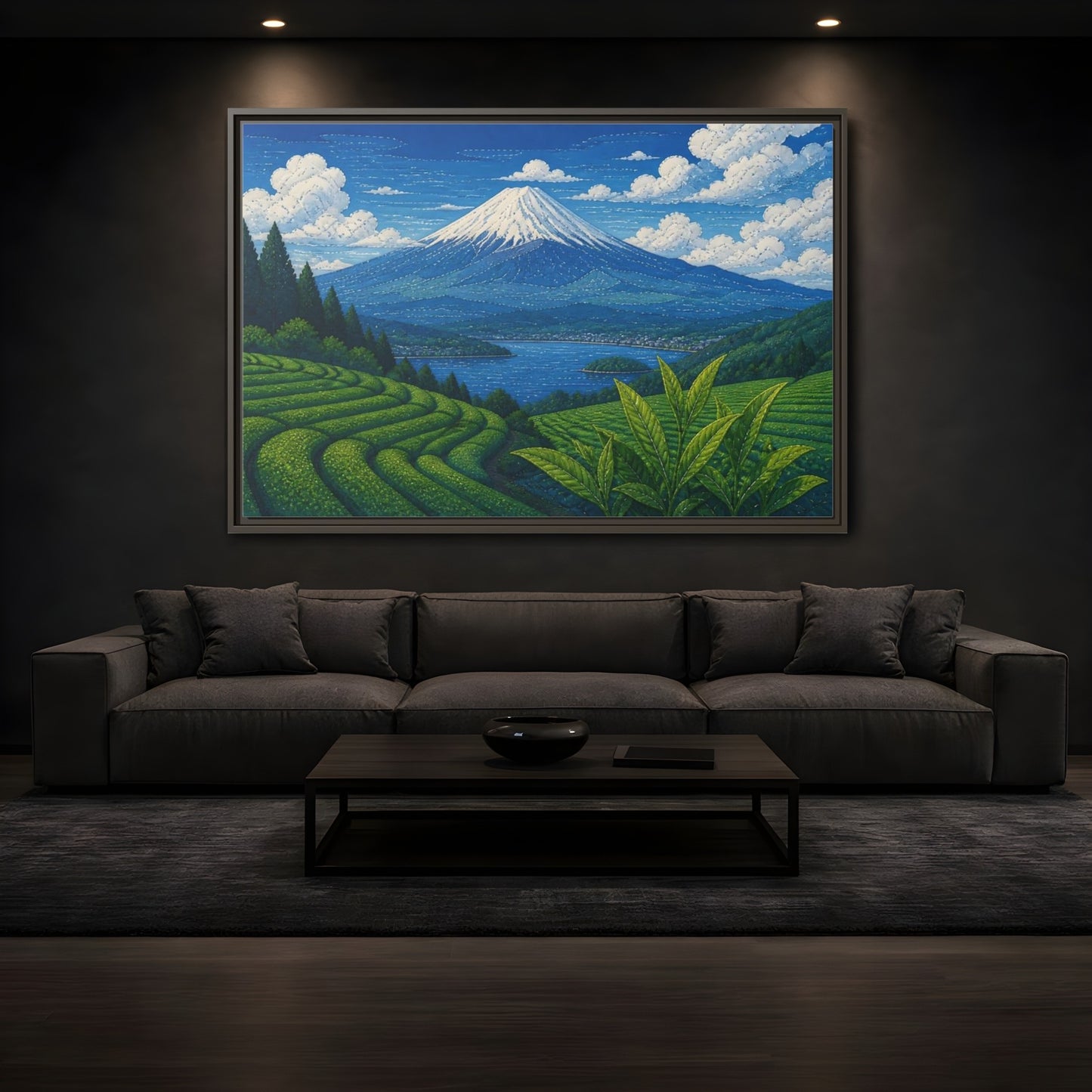 Mockup 3. Tea Terraces Beneath Mount Fuji shown as framed canvas print