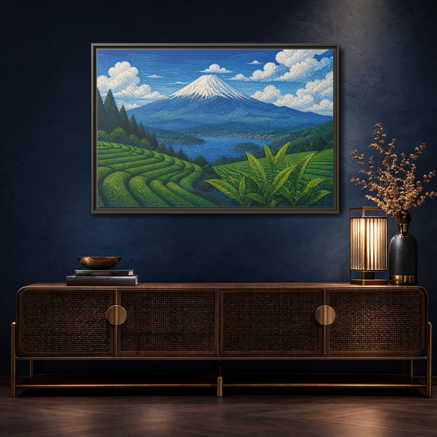 Mockup 4. Tea Terraces Beneath Mount Fuji shown as framed canvas print