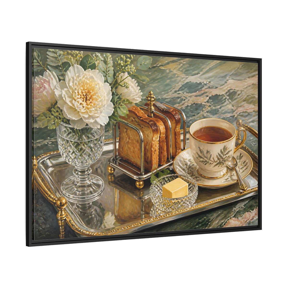 Side Mockup 12. Tea Tray With Toast shown as framed canvas print