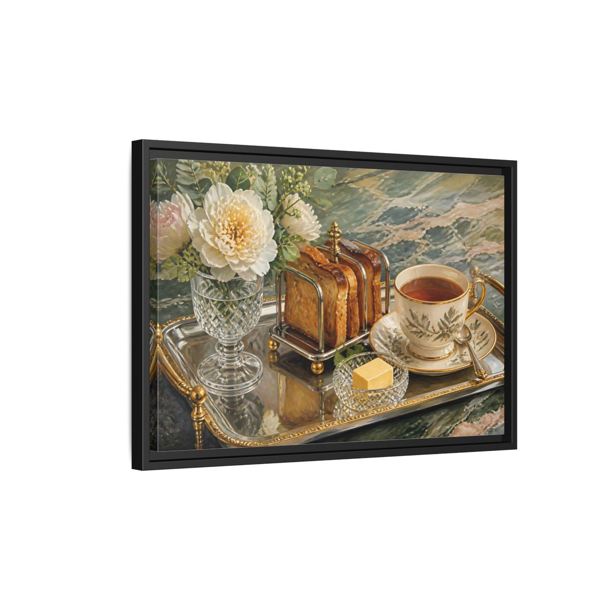 Side Mockup 3. Tea Tray With Toast shown as framed canvas print