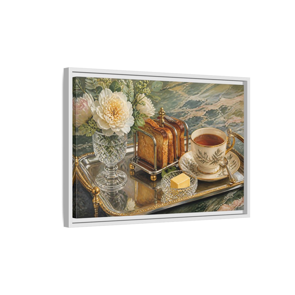 Side Mockup 1. Tea Tray With Toast shown as framed canvas print
