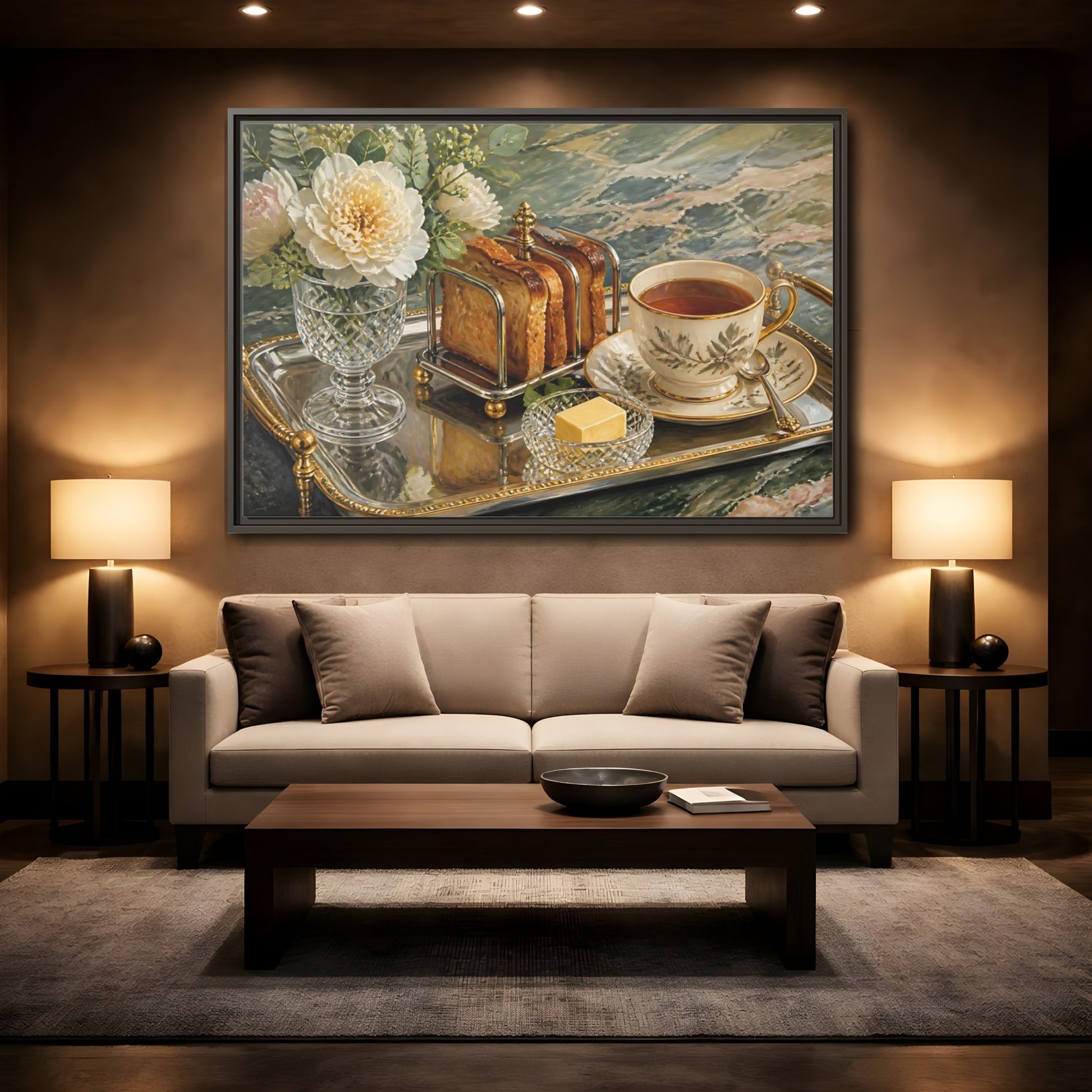 Mockup 2. Tea Tray With Toast shown as framed canvas print