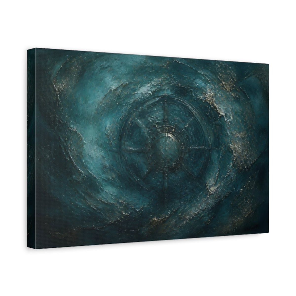 Side Mockup 4. Teal Compass Wheel shown as canvas print