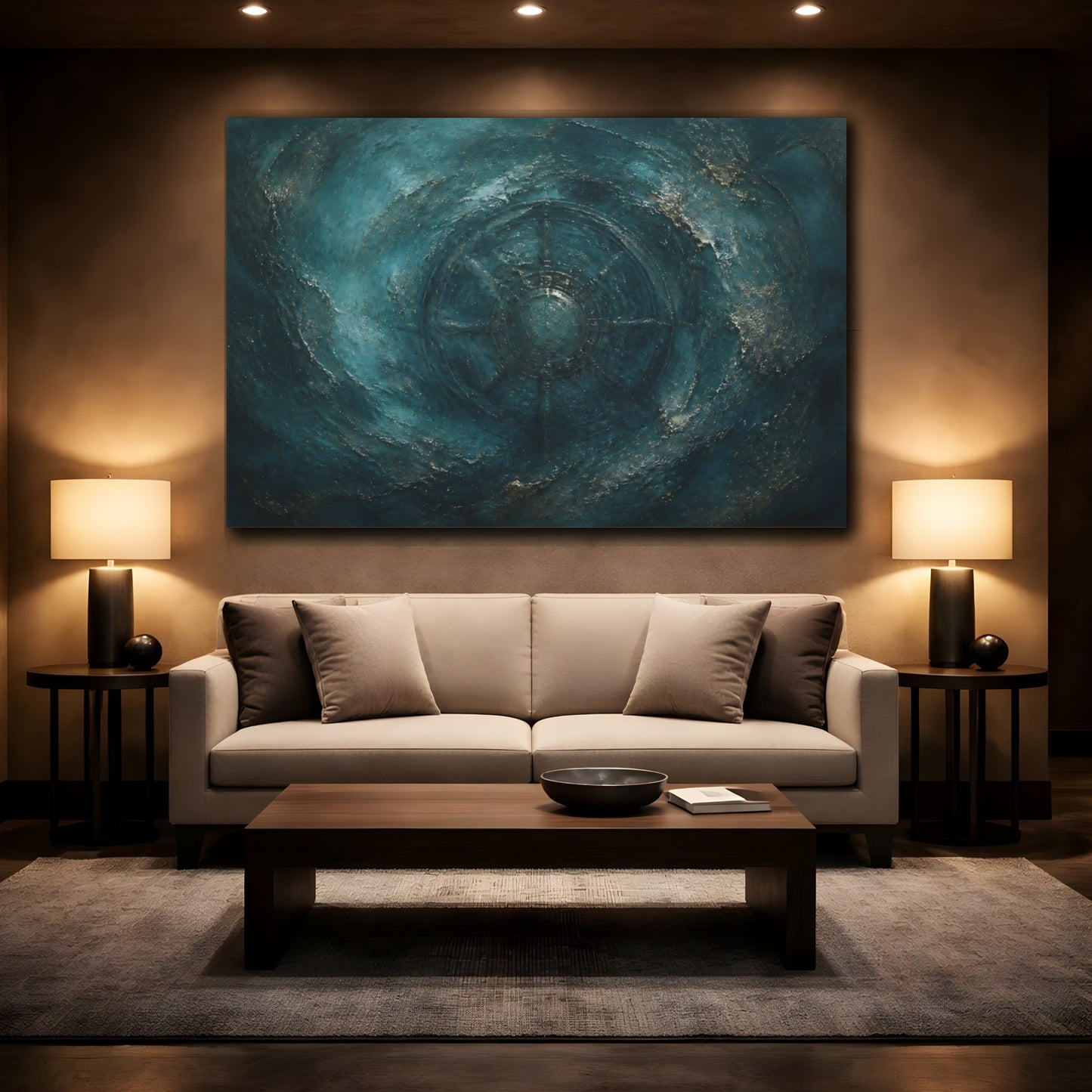 Mockup 2. Teal Compass Wheel shown as canvas print