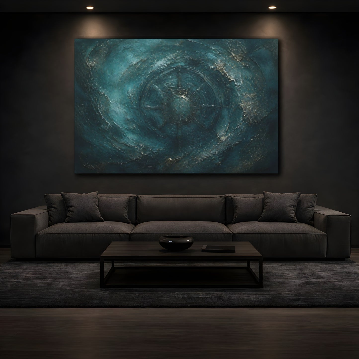 Mockup 3. Teal Compass Wheel shown as canvas print