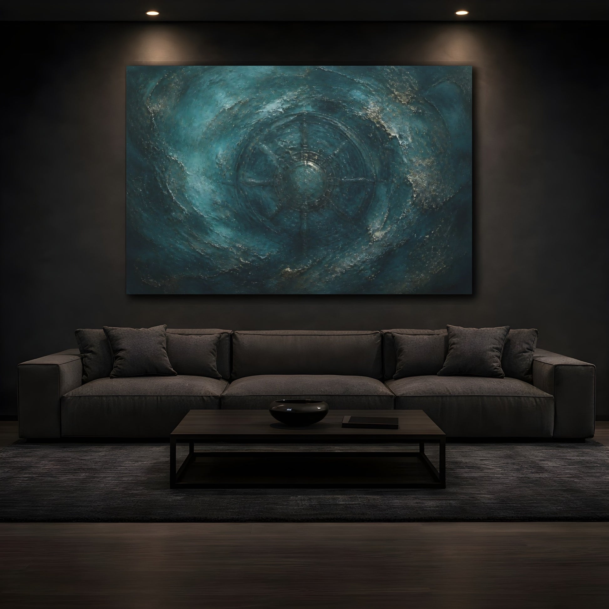 Mockup 3. Teal Compass Wheel shown as canvas print