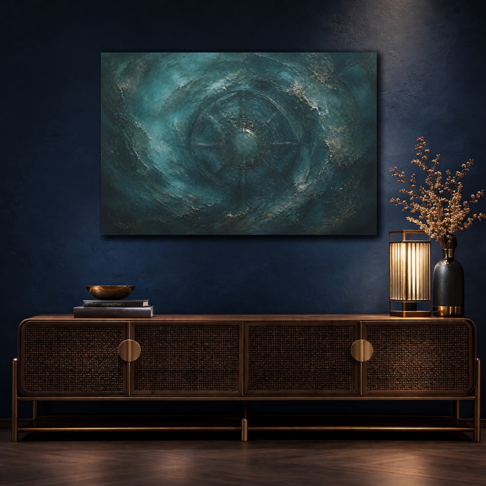 Mockup 4. Teal Compass Wheel shown as canvas print