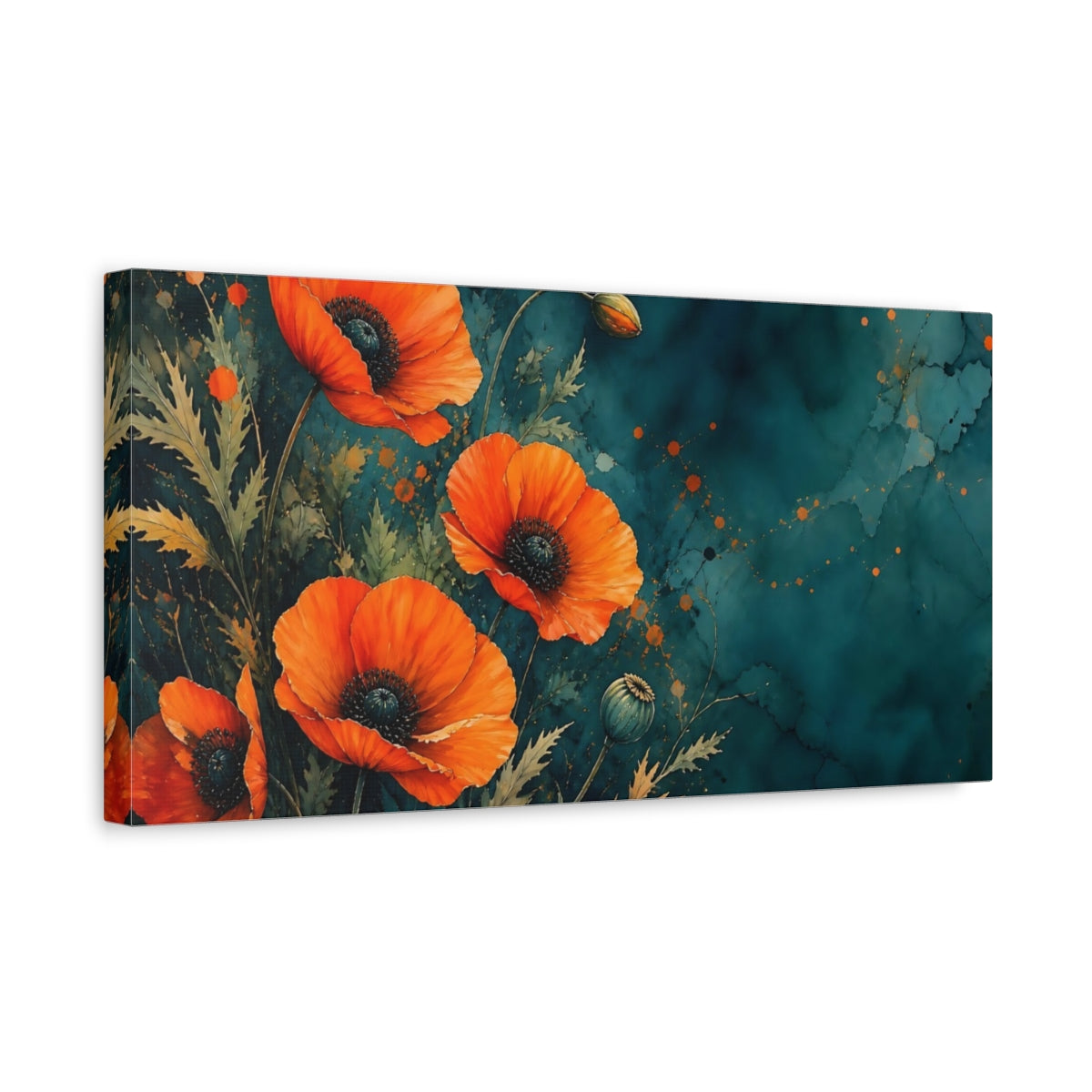 Side Mockup 3. Teal Orange Poppy Bloom shown as canvas print