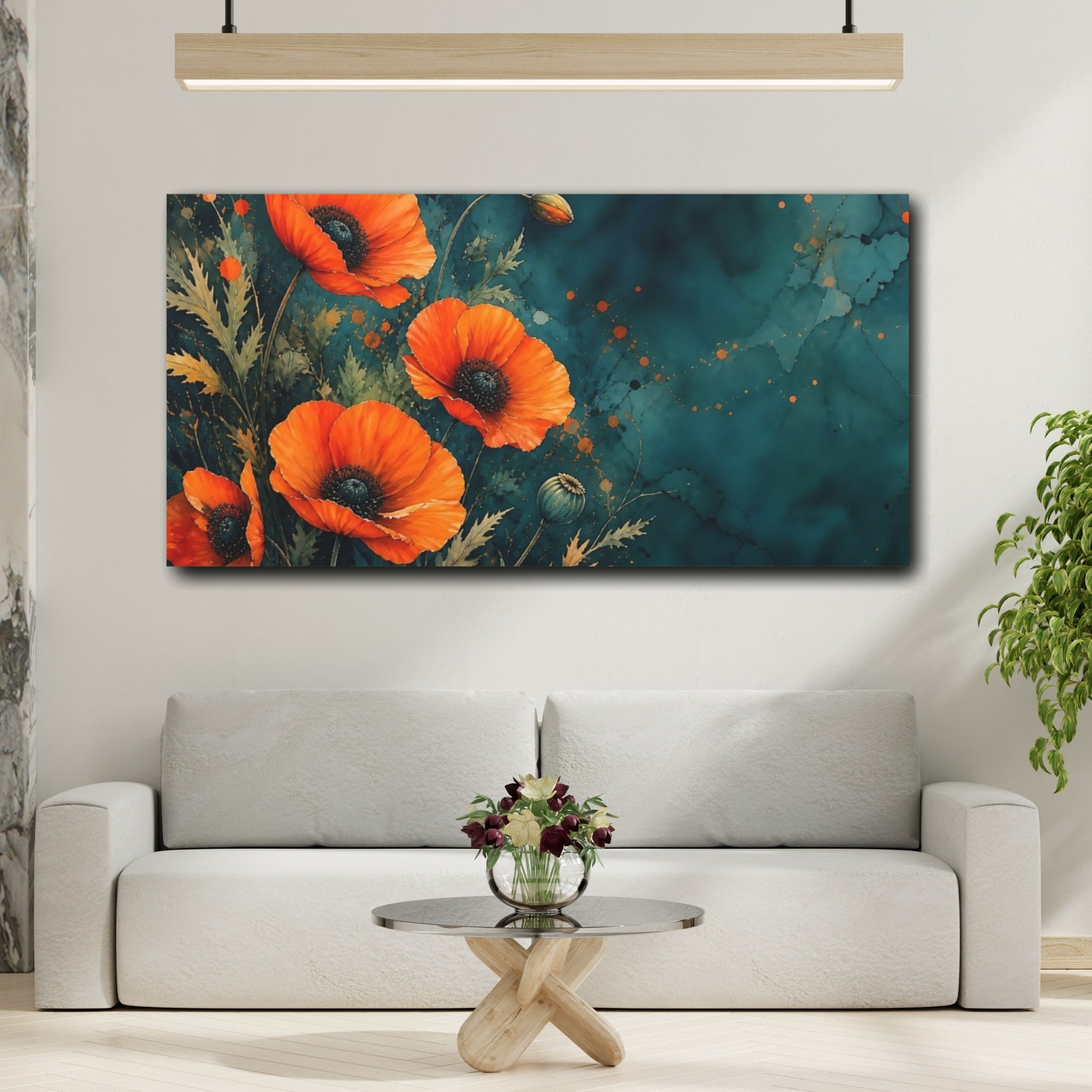 Mockup 2. Teal Orange Poppy Bloom shown as canvas print