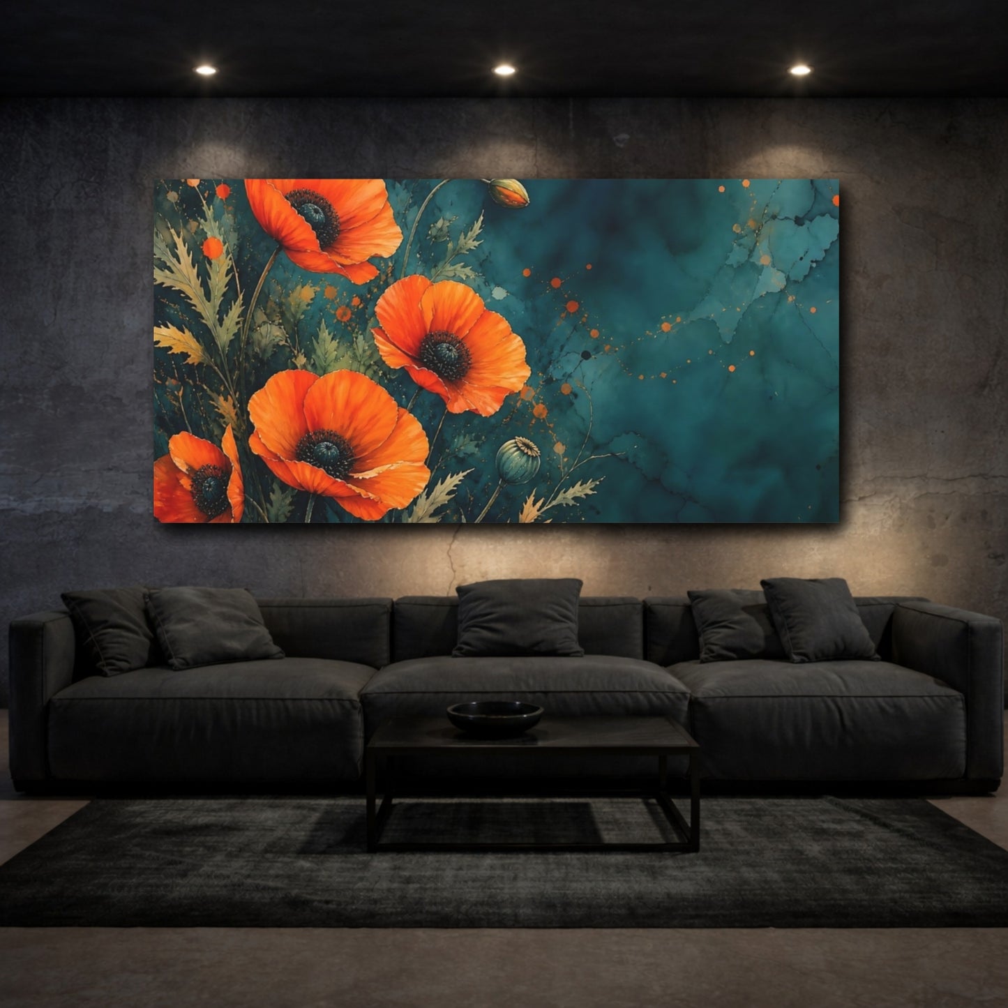Mockup 3. Teal Orange Poppy Bloom shown as canvas print