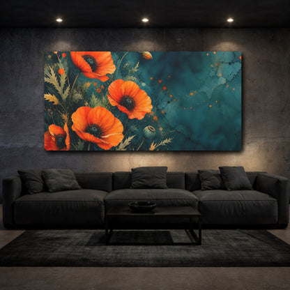 Mockup 3. Teal Orange Poppy Bloom shown as canvas print