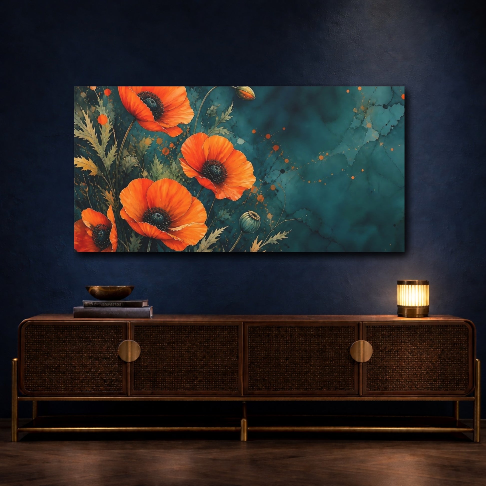 Mockup 4. Teal Orange Poppy Bloom shown as canvas print